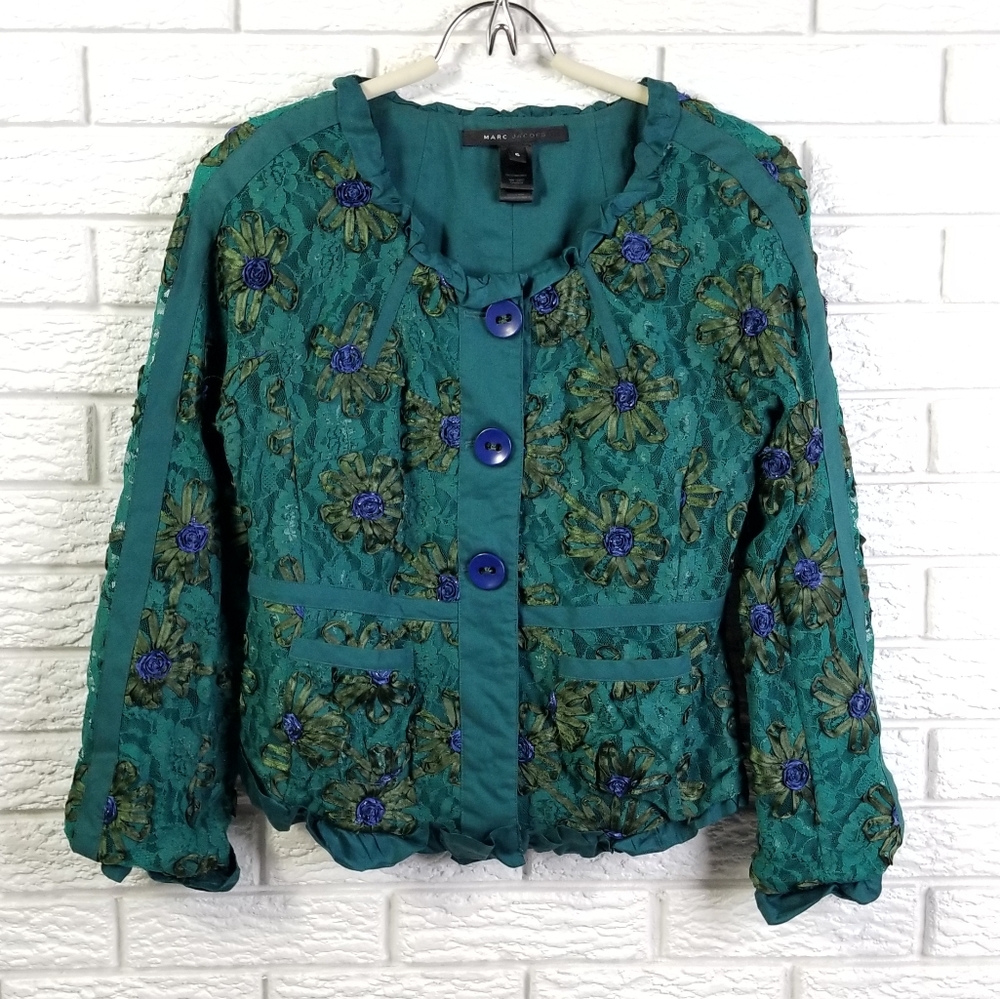 Marc Jacobs Appliqued Lace Jacket 6 Teal Green
